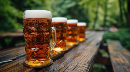   A row of beer mugs rests atop a weathered wooden table, framing the scenic view of a lush green forest filled with trees - obrazy, fototapety, plakaty
