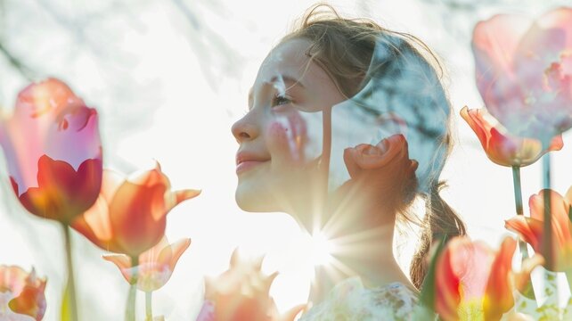 The closeup double exposure between the caucasian young girl and the beautiful vividly nature that the picture, it stands for the peaceful of the life or relaxation with the beautiful nature. AIGX01.