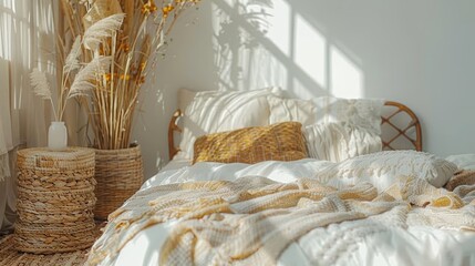   A bed, dressed in a white comforter, adjacent to a woven basket holding a sunny yellow flower