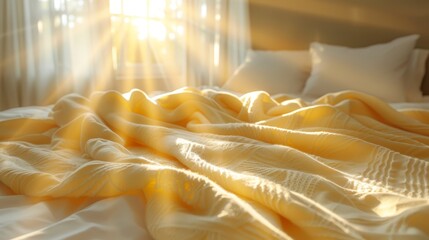   A bed, yellow blanket draped over it, near a sunlit window with sheered drapes - obrazy, fototapety, plakaty