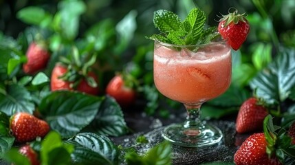   A tight shot of a drink in a glass, placed on a table Strawberries elegantly arranged next to it