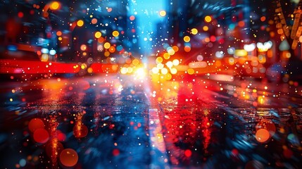  rain falls softly, illuminating foreground with reflective puddles and shimmering street lights; background, a hazy building silhou
