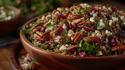  nuts, cranberries, feta cheese on a wooden table - obrazy, fototapety, plakaty