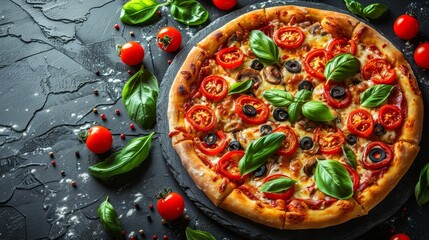   A pizza featuring tomatoes, olives, and basil on a black backdrop is surrounded by red and green peppers
