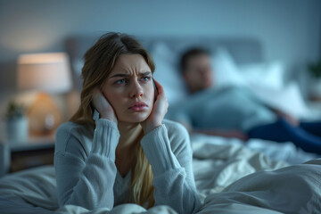 Woman Experiencing Insomnia in Bedroom at Night