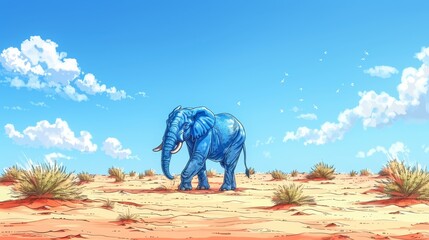   A painting of an elephant, situated in a desert's expanse, surrounded by blue sky and white clouds - obrazy, fototapety, plakaty