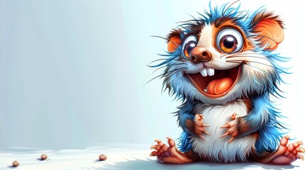   A tight shot of a cartoon animal against a white backdrop, featuring blue and orange fur