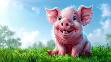   A pink pig sits in the grass, eyes wide and smiling, beneath a blue sky