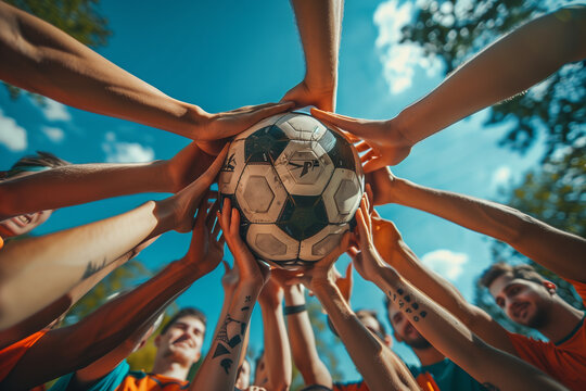 Group of People Holding Soccer Ball Together