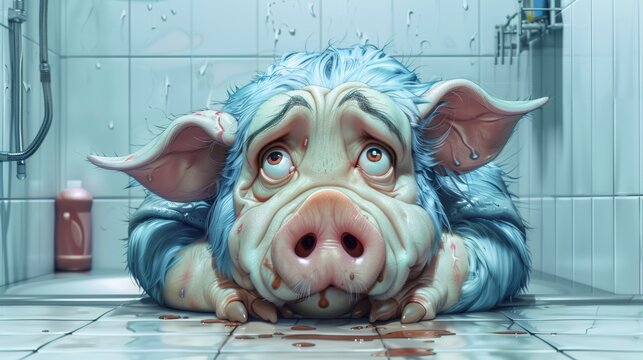   A painting of a pig lying on the bathroom floor next to a shifted shower head