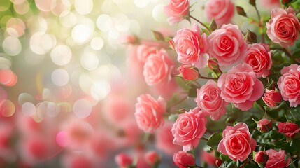   A dozen pink roses atop a verdant, leafy plant against a backdrop of soft bokeh light