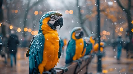   A vibrant collection of birds perches atop a wooden bench in a bustling park, teeming with numerous onlookers