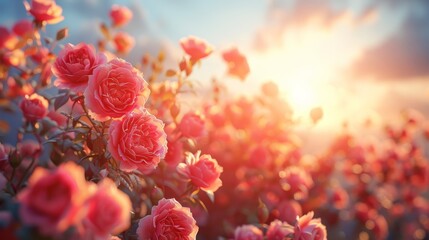   A field filled with pink roses under a sunny sky with clouds scattering sunlight in the afternoon - obrazy, fototapety, plakaty