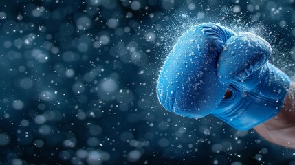   A tight shot of someone wearing a blue boxing glove as snowflakes delicately detach and descend from its peak