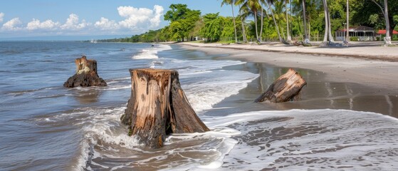   A beach scene with a tree stump protruding from the water and a house situated beyond the shore - obrazy, fototapety, plakaty