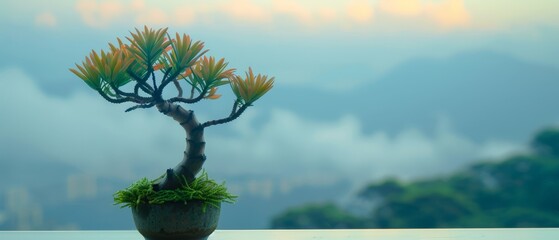   A Bonsai tree in a pot on a table against a backdrop of mountains and clouds
