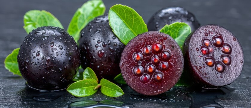   A collection of fruits arranged together on a dark backdrop, accompanied by leaves and water droplets