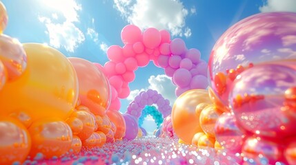   A multitude of balloons ascending against a blue sky, dotted with clouds - obrazy, fototapety, plakaty