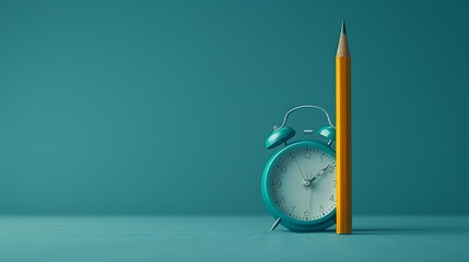   A pencil beside an alarm clock; clock features pencil tip projection against blue backdrop - obrazy, fototapety, plakaty