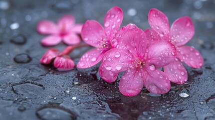   A cluster of pink blooms atop a water puddle, with petal tips speckled by droplets