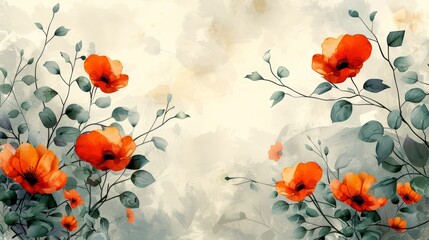   A painting of red flowers against a white and gray background, with green leaves and a blue sky above