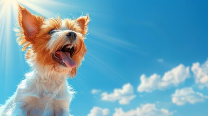   A tight shot of a dog with its mouth agape, revealing its tongue, against a backdrop of a blue sky adorned with fluffy white clouds