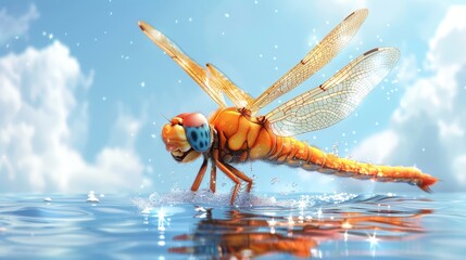   A dragonfly flies over a body of water, its wings spread wide and eyes closed, against a backdrop of a blue sky dotted with white clouds - obrazy, fototapety, plakaty