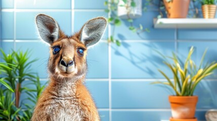   A tight shot of a kangaroo against a blue tiled wall In the backdrop, a potted plant is visible