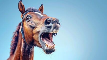   A brown horse with its mouth open widely - obrazy, fototapety, plakaty