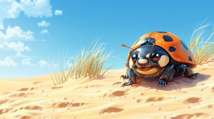  Ladybug atop sand, blue sky, clouds background