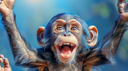   A tight shot of a monkey with open mouth and raised hands - obrazy, fototapety, plakaty