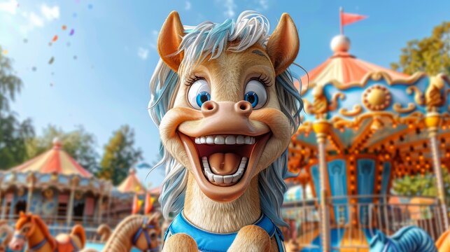   Close-up of a cartoon horse at a fairground Carousel and blue sky visible in background