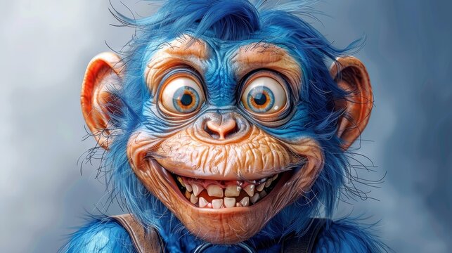   A monkey with blue hair and a smile closes hold of scissors in its mouth