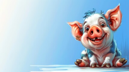   A smiling pig sits on the ground, its eyes widely opened