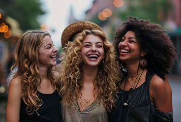 Fototapeta premium Group of young friends of different ethnicities having fun together on the street among the crowd. Group of friends meeting to go out. Friends, adolescence and fun.
