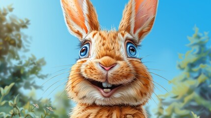   A tight shot of a rabbit's expressive face amidst trees and a expansive blue sky behind