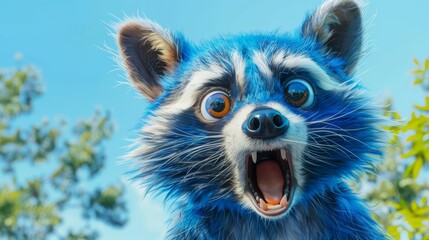   A tight shot of a blue, furry creature with an open mouth
