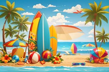 Fototapeta na wymiar Summertime vector banner design. It's summertime text in a beach background with tropical season elements like an umbrella, surfboard and beachball for fun and enjoy an outdoor vacation