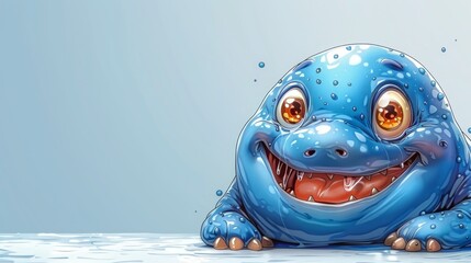   A close-up of a blue creature with a broad grin - obrazy, fototapety, plakaty