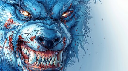   A tight shot of a bloodied blue wolf's face, teeth stained red