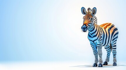  A zebra standing against a backdrop of blue and white stripes, wearing an orange headband