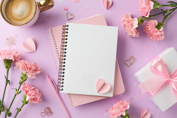 Mother's day concept: top view of carnations, notebook, and gift on a pastel pink background