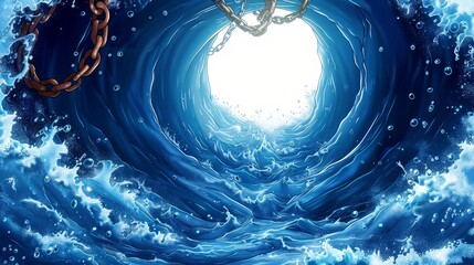   A large, blue painting of a wave with a visible chain in its midsection and a light at the wave's end - obrazy, fototapety, plakaty
