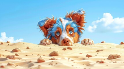   A painting of a dog with a blue coat reclining on a sandy beach, against a backdrop of a blue sky and white clouds