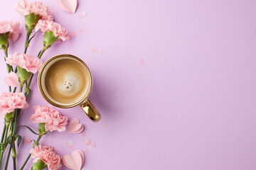 Mother's day concept: top view of carnations and coffee surrounded by paper hearts on a pastel violet background
