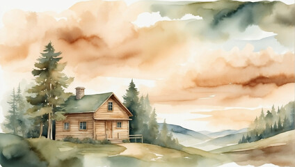 Peaceful watercolor background featuring shades of warm brown, forest green, and soft beige, evoking the cozy charm of a cabin in the woods under a cloudy sky.