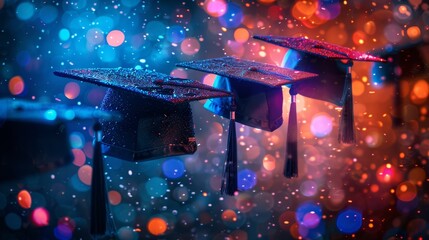   A few graduation caps dangle from a pole's side, before a vibrant backdrop of colorful lights