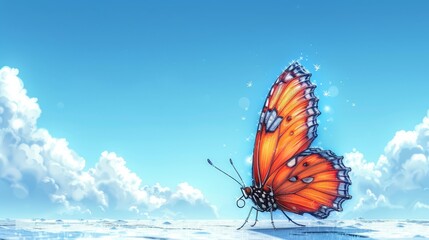Fototapeta na wymiar A butterfly flies above a tranquil body of water, surrounded by a blue sky and fluffy clouds