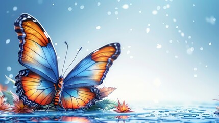 Fototapeta na wymiar A blue-orange butterfly flies above a water body Below, aquatic leaves dot the water's floor, while water droplets form at its surface