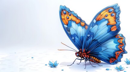   A blue-orange butterfly perches on a white surface, its wings speckled with water droplets